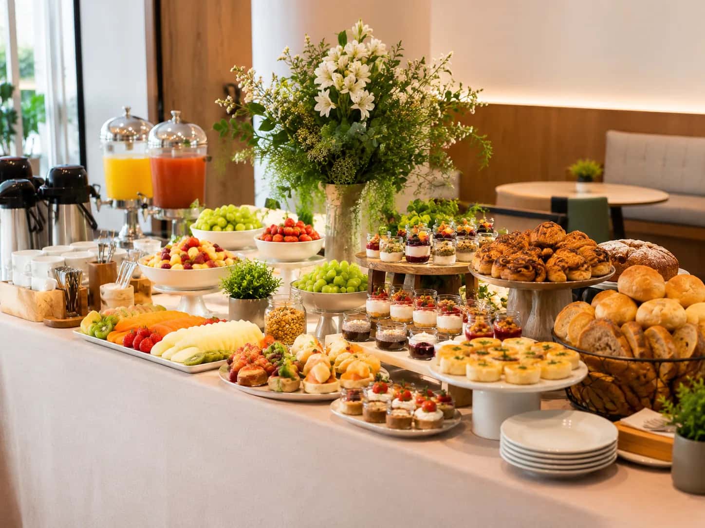 Mesa de brunch corporativo com frutas, pães, doces e bebidas para evento em Porto Alegre