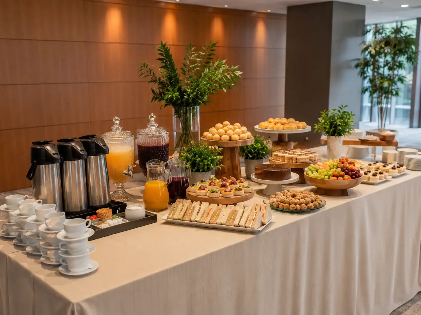 Welcome coffee para recepção de evento corporativo com café, água aromatizada e itens leves