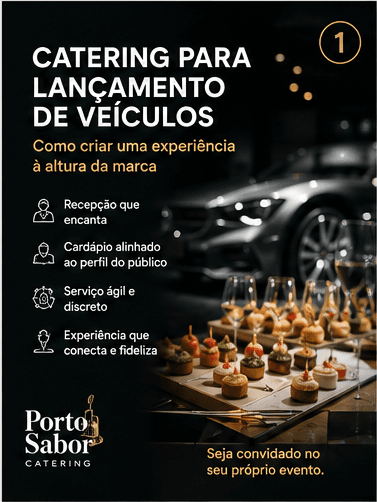 Finger foods e taças em mesa de catering para lançamento de veículos em concessionária