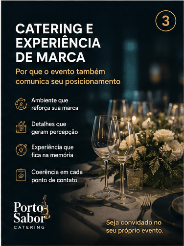 Mesa de evento corporativo com taças, flores e apresentação de catering