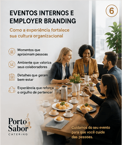 Colaboradores reunidos em evento interno com coffee break