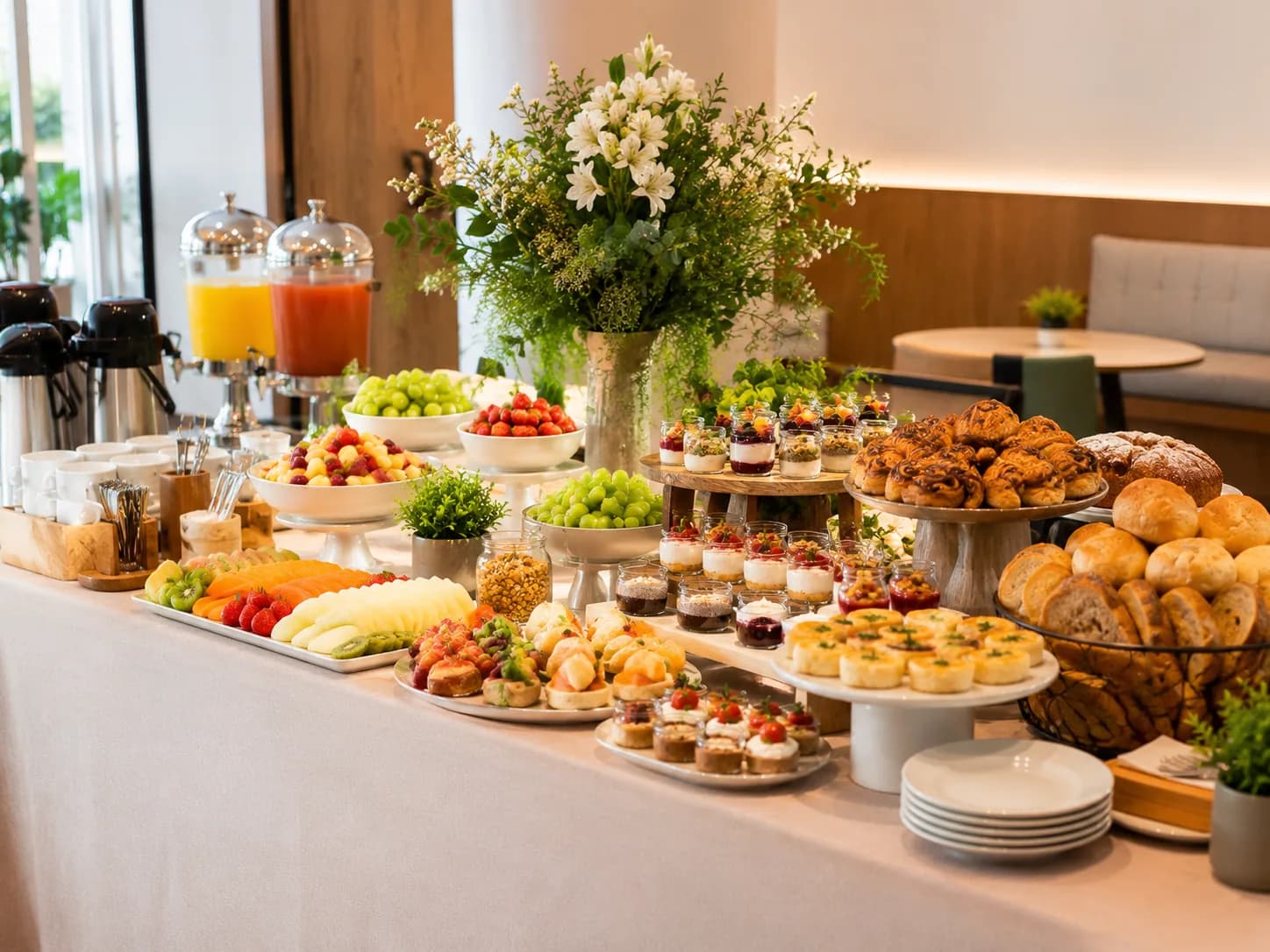 Mesa de brunch corporativo com frutas, pães, doces e bebidas para evento em Porto Alegre