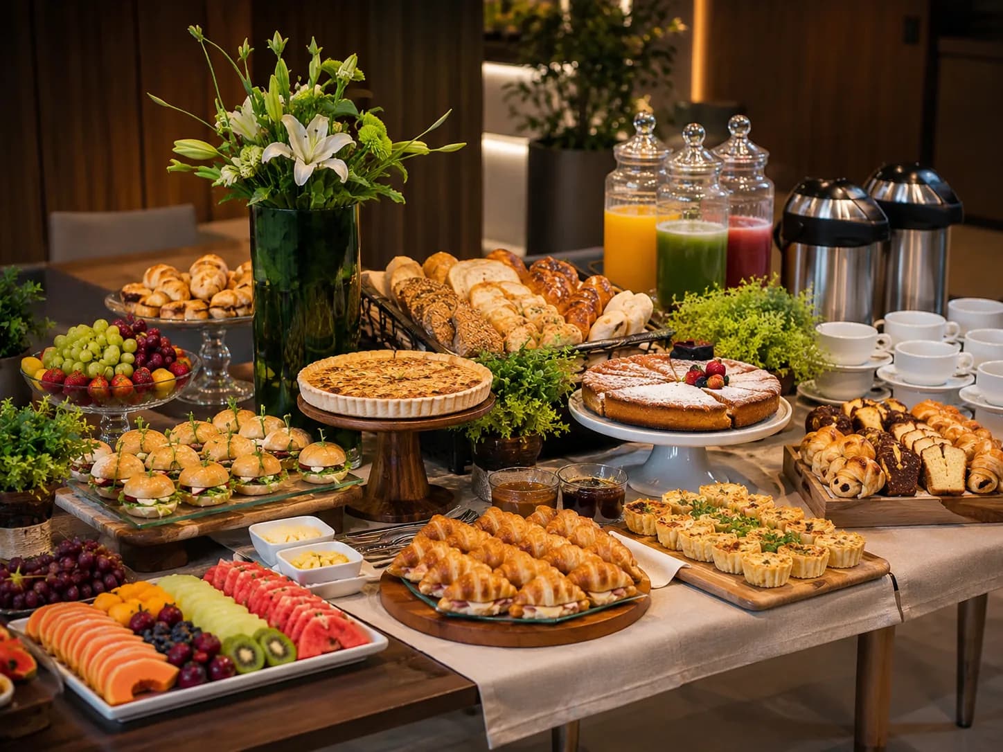 Mesa de brunch para evento corporativo com frutas, pães, frios e apresentação premium