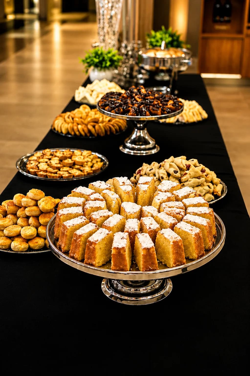 Buffet corporativo Porto Sabor com salgados, doces e bolo em mesa de evento.