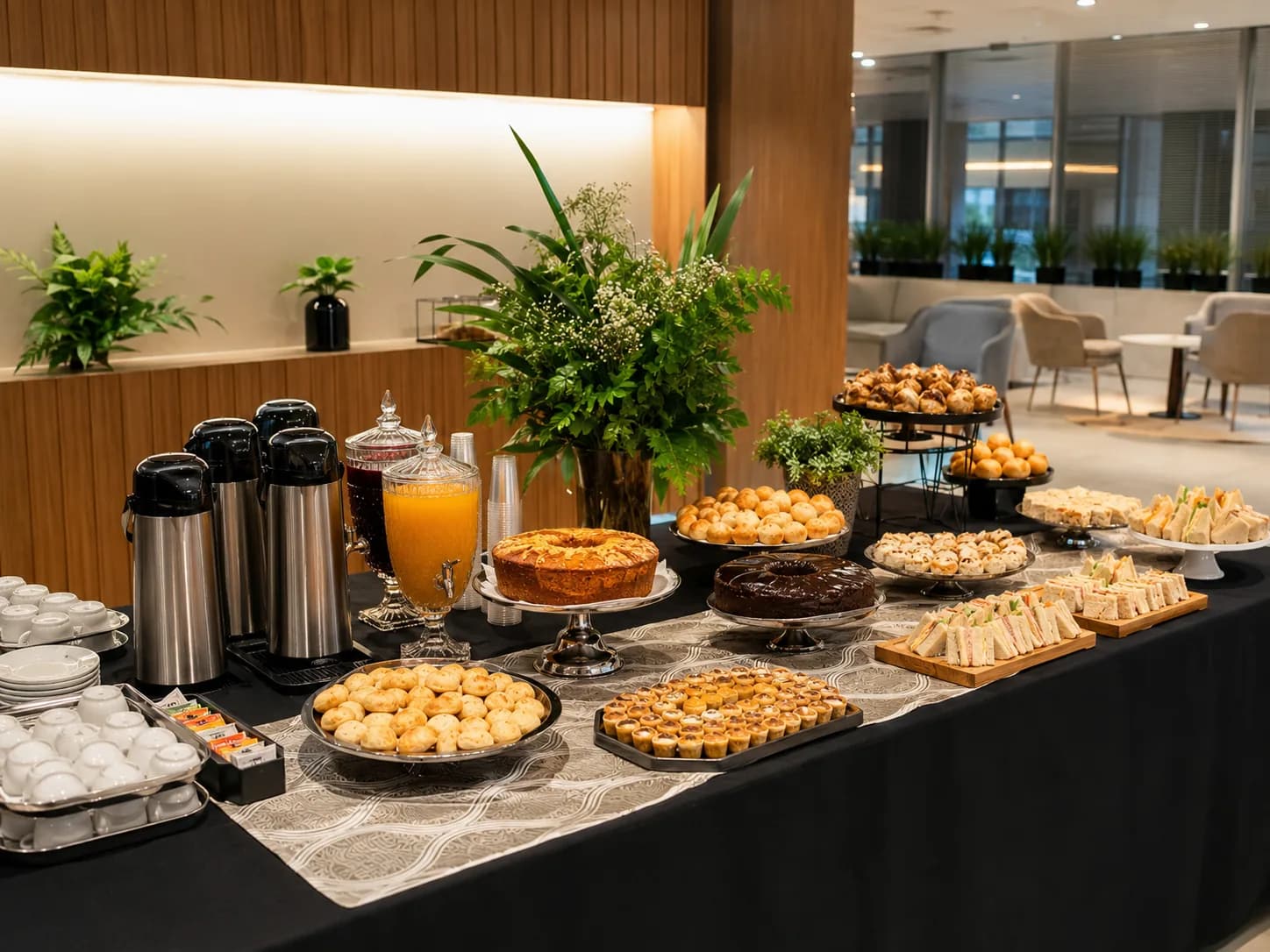 Coffee break corporativo com bebidas, salgados e doces montado para evento em Porto Alegre