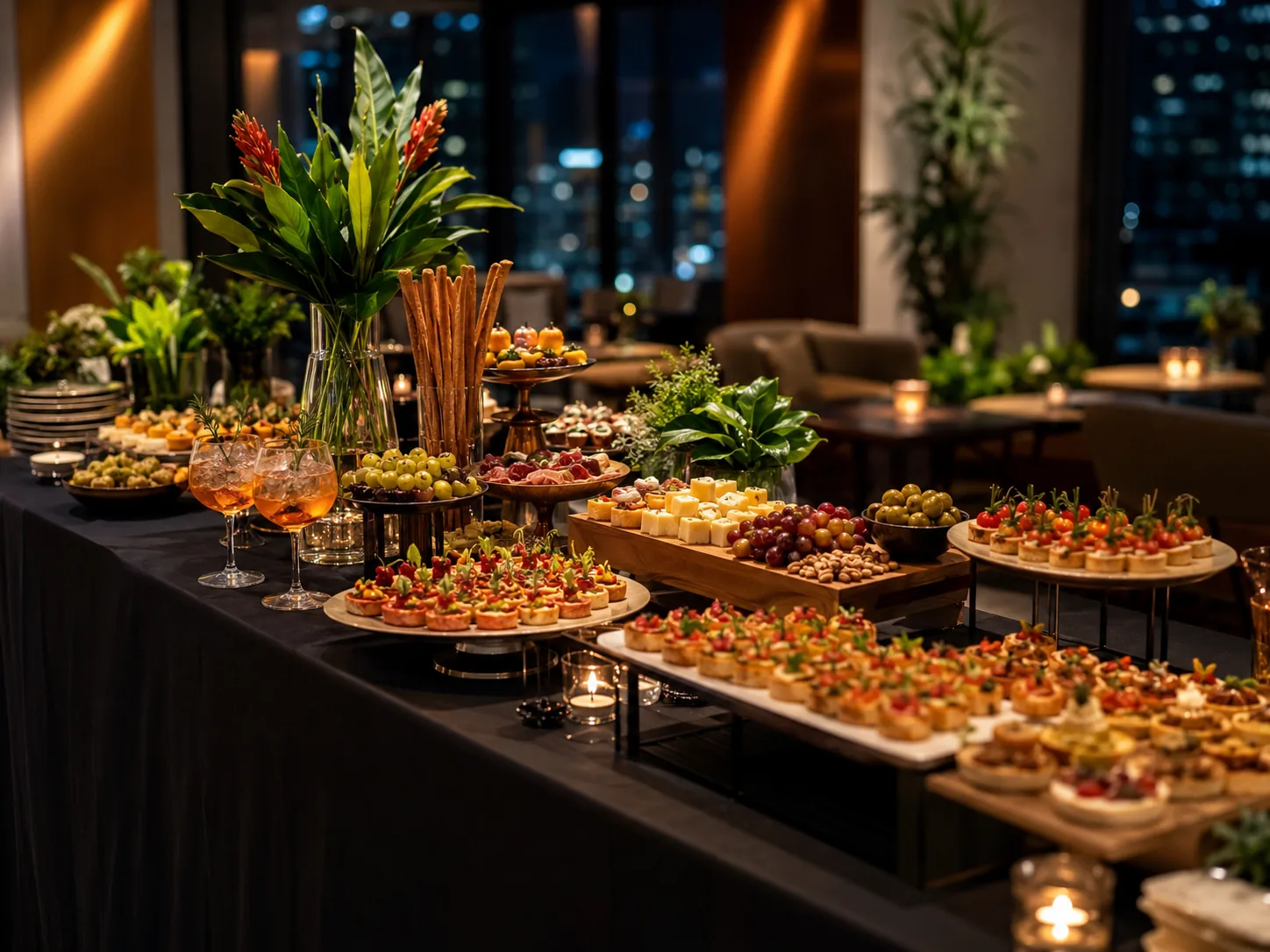 Mesa de happy hour corporativo com petiscos e apresentação de coquetel em Porto Alegre