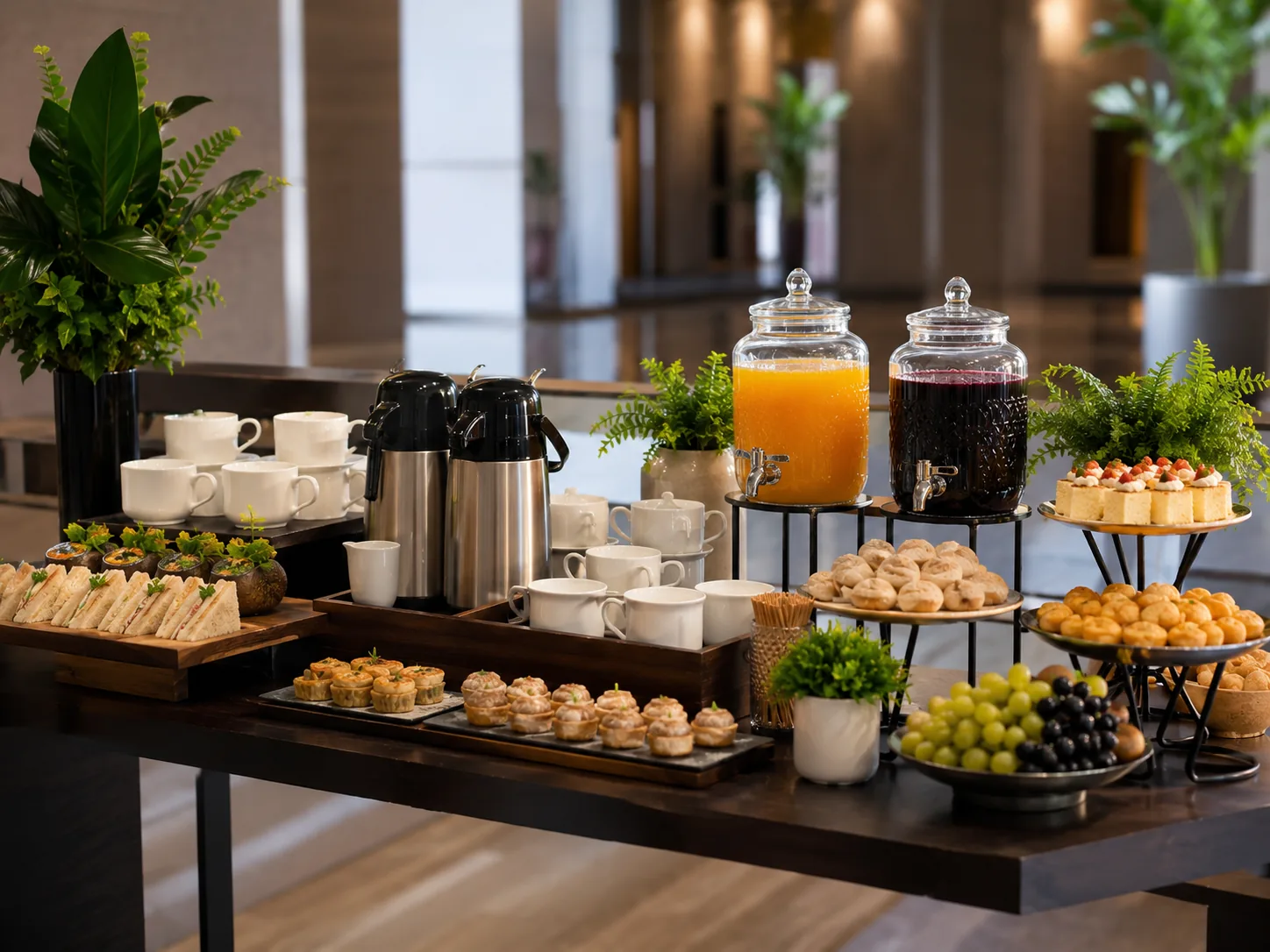Mesa de welcome coffee corporativo com café, sucos e itens leves para recepção em Porto Alegre